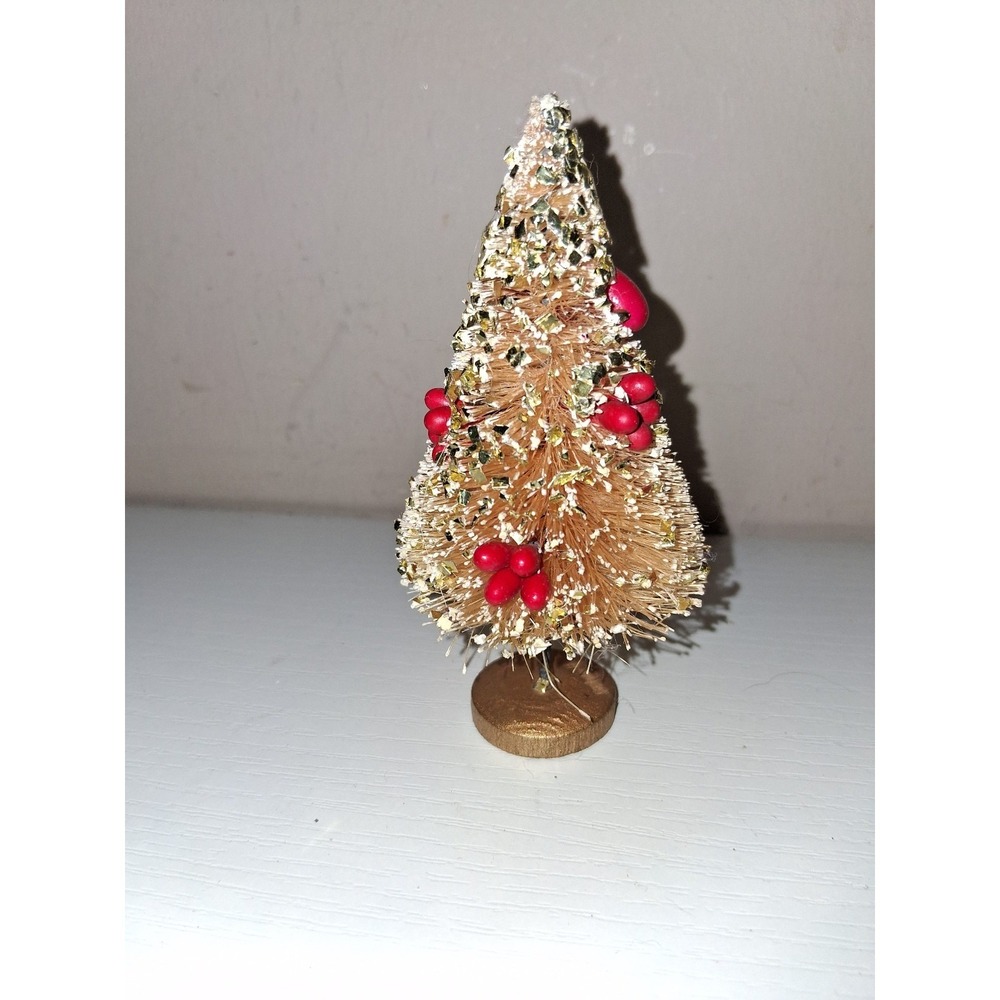 Vintage Mini Bottle Brush Christmas Tree Gold Foil Red Berries 4" MCM Decor